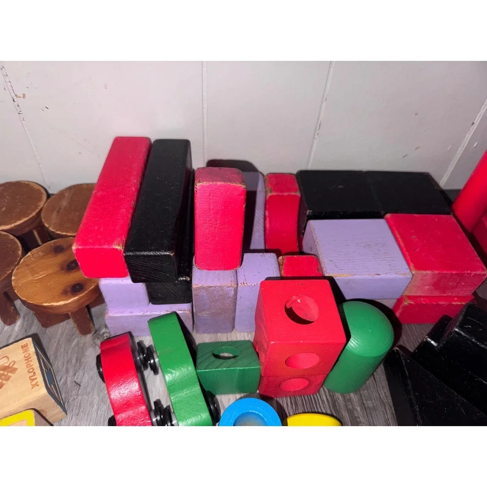 Wooden Stacking Train and Building Blocks Toy Lot Mixed Shapes